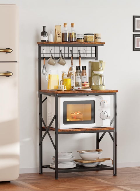 Kitchen Bakers Rack with Hutch, Coffee Bar Station 4 Tiers, Microwave Oven Stand with 6 S Hooks and Pegboard, Kitchen Microwave Rack for Spice Organizer Workstation, Brown/White/Black Oak
